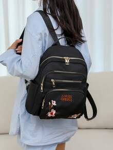 Tas Ransel Minimalis Wanita, Tas Bahu Vintage Bordir Huruf Bunga, Tas Ibu Klasik, Tas Ransel Pelajar - Hitam - View 3