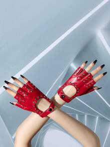 1 Pair Hip Hop PU Lace-Up Gloves, Suitable For Music Festivals - Red-017 - View 18