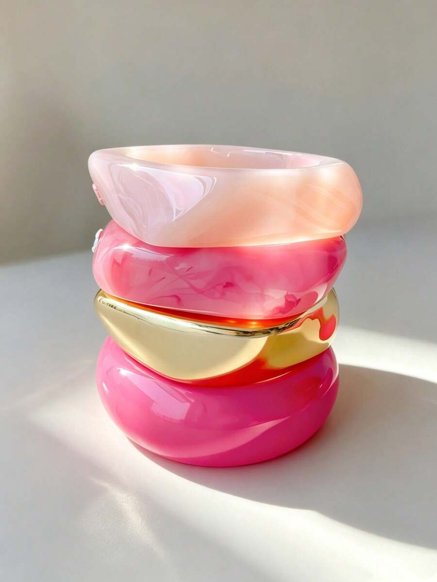 4pcs Exaggerated Asymmetrical Resin Translucent Bangles For Women, Personalized Versatile - Multicolor - View 1