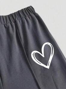 Tween Girl Cartoon Heart Pattern Print Crew Neck Long Sleeve Top And Long Pants - Dark Grey - View 5