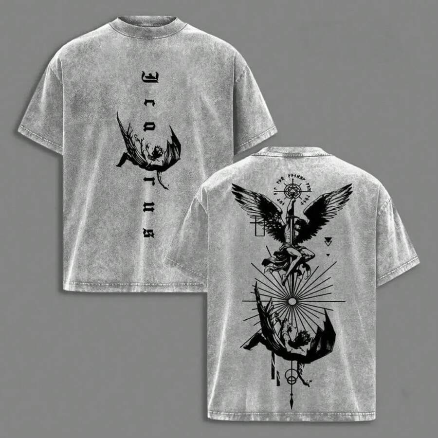 Vintage Washed T-Shirt, Thick Cotton With Double Graphic Illustrative Print, Unisex Cut, Variety Of Sizes, Casual Garment, Urban Fashion, Manga Style - 灰色 - 查看 1
