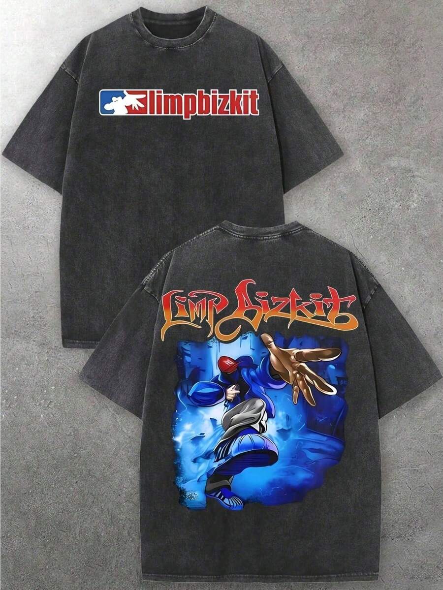 Men's Limp Bizkit Anime-Style Graphic Tee, From EU/UK Warehouse | Soft Washed Fabric | Nu-Metal Rock Style Casual Sets | Men's Graphic Tee, Streetwear - 黑色 - 查看 1