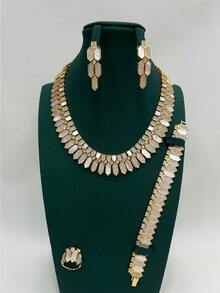 4pcs/Set Luxury Jewelry Set Necklace Bracelet Earrings Ring, Dubai Middle East Saudi Arabia Popular Round Gold Shell Cute Sweet Gorgeous Elegant White Shell Micro-Inlaid Zirconia Jewelry Set, Daily Wear, One Size, Flower Design, Gift For Girlfriend/Friend - Four-piece Set 1 - View 12