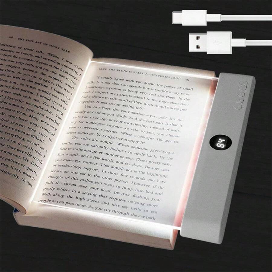 扁平書本燈，可充電透明LED智慧閱讀燈，3色可調 & 定時功能，可調光全頁面面板燈，護眼，便攜式扁平閱讀燈，適用於床邊、學生、學習、工作