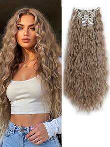 6pcs 24 Inch Black & Brown Clip-In Hair Extensions, Long Mermaid Wave Synthetic Fiber Clip-In Hair Extensions For Women - Multicolor - View 22