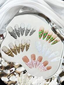Y2K French Minimalist Luxury 33mm Long Pointed Handmade Press-On Nails, Gold Half-Round Bead Inlay, Glitter Base, Handmade, Exquisite, Creative, Versatile, Personalized, Elegant, Gift, Suitable For Wedding, Party, Outdoor, Beach, Daily, Holiday, Gathering, Work And Special Occasions - 10pcs/Bag - 彩色 - 查看 6