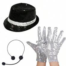 3er Set Pop Rock Superstar Kostüm, inklusive schwarzer Hut, Fake Mikrofon, Pailletten Handschuhe, Pop Rock Stern, Pop Bühnensänger, 80er 90er Party Herren Erwachsenen Halloween Cosplay, Batterien nicht enthalten - Verschiedenfarbig - Übersicht 2