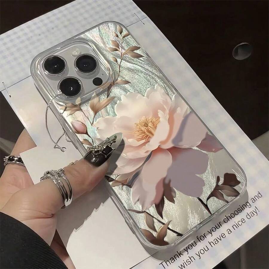 2026 Funda Efecto Plumas con Flor Nocturna, Diseño Floral Elegante, Compatible con iPhone13/14/15ProMax - transparente - Ver 1