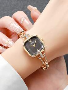 Women's Gift Watch, Fashion Casual Square Minimalist Roman Numeral Rhinestone Dial Elegant Quartz Bracelet Wristwatch (1pc/Set), Watch Box Not Included - Gold - View 2