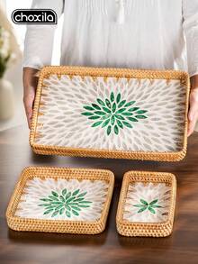 choxila 3pcs Bohemian Style Vine & Shell Decor Tray Set - Multi-Functional Storage Tray, Suitable For Snack Bowls, Teapots, Dessert Cups, Vases, Candles And Aromatherapy. Perfect For Living Room, Bedroom And Afternoon Tea Scenes, Ideal Choice For Saudi National Day - Tray - View 2