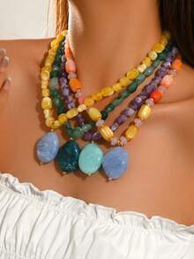 1pc Or 4pcs Exaggerated Bohemian Fashion Elegant Dopamine Colorful Asymmetrical Plastic Pendant Necklace, Fashion Elegant Layered Jewelry Set For Vacation, Beach, Party, Dinner, Daily Wear And More, Plastic Size, Position, Color And Pattern Are Multi-Color Handmade, Each Piece Is Different But Doesn't Affect Your Purchase - Multicolor - View 2