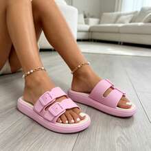 Women's Pink Thick Sole Slippers, Adjustable Double Buckle Soft Bottom Casual Beach Sandals, Summer - Pink - View 5