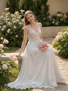 YOUKEFEIER Minimalist Sexy Backless Bohemian Style Outdoor Chiffon Wedding Dress White Dress Suitable For Wedding Party - Beige - View 3