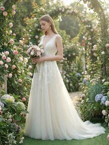 YOUKEFEIER New Elegant Deep V-Neck Lace Wedding Dress With Open Back A-Line Skirt, Slimming And Height-Enhancing Embroidered Long Bridal Gown - Beige - View 7