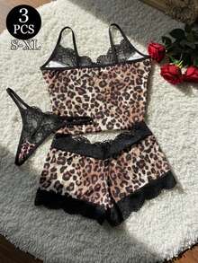 Sexy Leopard Print Patchwork Black Lace Deep V Camisole With Leopard Print Shorts And Thong 3 Pieces Loungewear Sleepwear Set - Black - View 3
