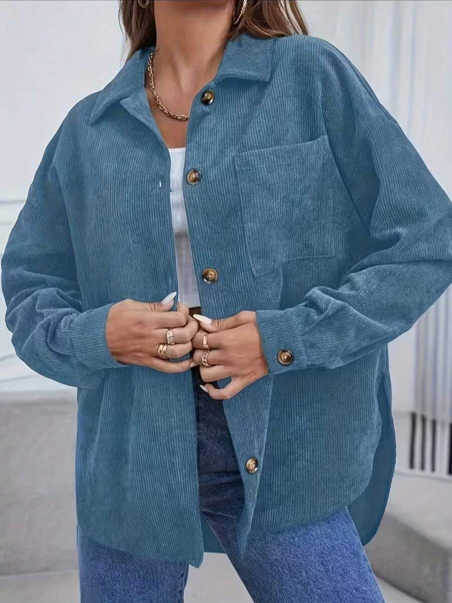 Women's Blue Corduroy Long Sleeve Drop Shoulder Button-Up Shirt, Drop Shoulder Design, Button Details, Regular Hem, Suitable For Daily Wear, Suitable For Autumn/Winter Season, Made Of Non-Stretch Polyester Fabric. - Blue - View 1