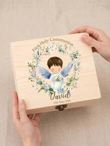1pc Customized First Communion Keepsake Box, Personalized Religious Baptism Wooden Storage Box, Communion Gift, Floral & Cross Children's Gift Box - Multicolor - View 28