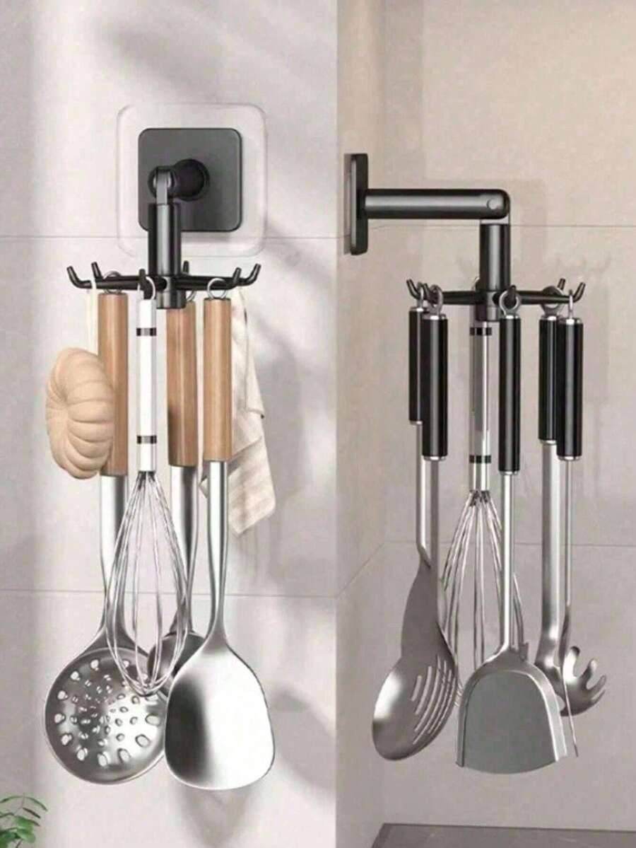 1 pieza Gancho giratorio para baño, Gancho multifuncional de 6 garras, Estante de almacenamiento multifuncional, Gabinete de plástico sin perforación, Estante de almacenamiento de utensilios de cocina retráctil, Función de instalación fácil, Estante de almacenamiento de cocina, Estante de utensilios de cocina, Accesorios de cocina, Suministros de almacenamiento de cucharas de cocina, Estante de almacenamiento, Regalo del Día de la Madre