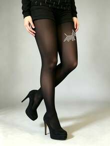 1 Par de Meia-Calça Preta Transparente com Decoração de Strass Schnauzer, Sexy, Única, Brilhante, Padrão de Cachorro, Alta Elasticidade, Uso Diário - Multicolorido - Visão 2