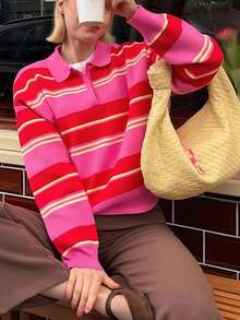 Women's Elegant Elegant Multi-Color Striped Comfortable Tie-Front Half-Open Cardigan - Multicolor - View 6