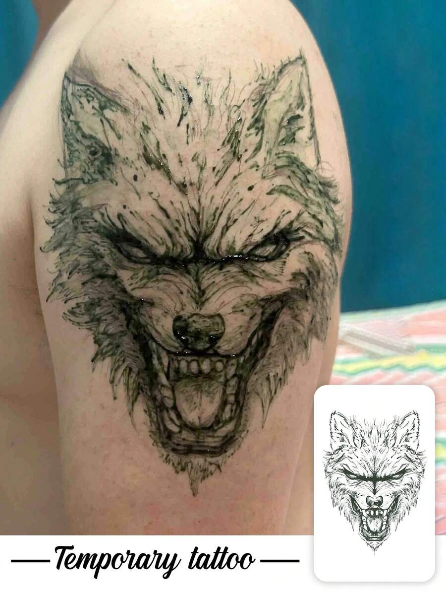 1pc Realistic Roaring Wolf Head Totem Pattern Tattoo Sticker, Temporary Tattoo Sticker, Realistic Tattoo Design, Suitable For Travel, Music Festivals, Games, Graduation Gifts, Lasts For 3-5 Days - Black - View 1