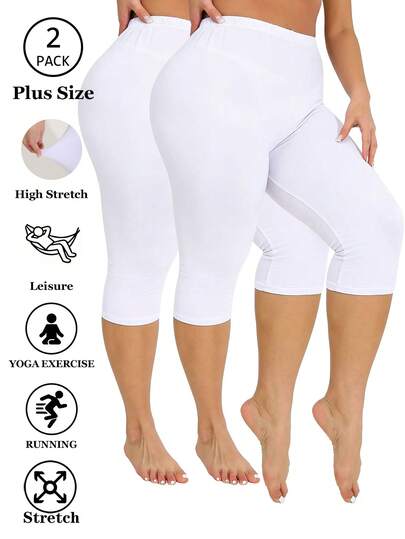 2-Pack Leggings da donna taglie forti primavera/estate colore unito minimalista, per campeggio all'aperto, spiaggia, corsa, esercizio, effetto snellente, versatili casual capri bianchi