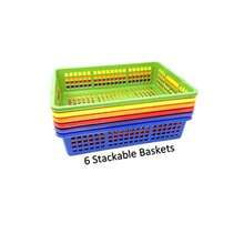 Podzly Colored Storage Bins - Set of 6 Stackable Rainbow Rectangle Baskets for Teacher or Student Paper Trays Classroom Library Toy Cubby Desk and Office Table Organization 13 x 9.75 x 3 Inches - rojo amarillo naranja morado azul verde - Ver 4