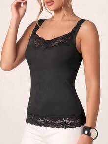 Tank Top Model French Wave Lace Trim Hem Splicing, Ribbed Slim Fit, Polos Minimalis Serbaguna untuk di Rumah dan Perjalanan - Hitam - View 5