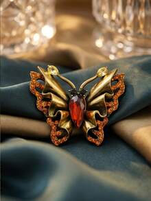 1pc Vintage Butterfly Brooch Women Fashion Elegant Insect Pin High-End Banquet Dress Accessory Gold Rhinestone Corsage - Yellow - View 6