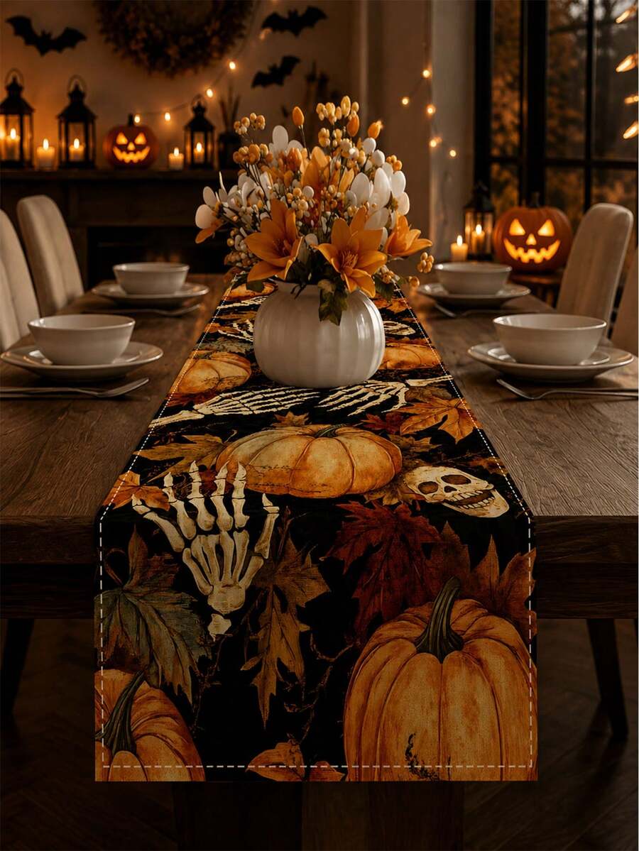 Halloween Rectangular Table Runner, Kitchen Dining Room Decor, Suitable For Autumn Party, Seasonal Home Decoration, Easy To Clean And Durable, Applicable For Halloween And Autumn Gathering Tablecloth Arrangement, With Spider Web And Skull Pattern, Spooky Orange - Multiple Styles - View 1