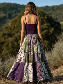 Women's Non-Stretch Woven Fabric Bohemian Style Patchwork Flare Maxi Skirt Summer - Purple - View 5