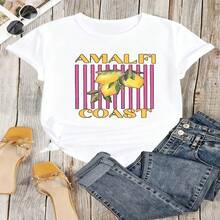 Amalfi Coast Lemon Graphic T-Shirt, 100% Cotton Oversized Soft Breathable Retro Casual Crewneck Short Sleeve Top, Summer Vibes Aesthetic Tee For Women & Travel Lovers - 白色 - 查看 18