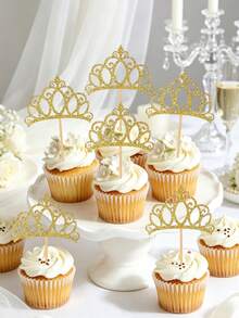 24/12/1 Peça Toppers de Cupcake com Coroa Dourada Brilhante, Decoração de Bolo com Coroa de Princesa, Adequado para Aniversário, Casamento, Aniversário, Chá de Bebê, Chá de Noiva, Festa de Feriado, Decoração de Mesa de Sobremesa de Cozinha Doméstica - Inserção de bolo em formato de coroa - Visão 2
