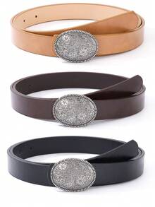Vintage Cowboy Style Black Faux Leather Belt, Retro Engraved Silver Oval Buckle Adjustable Ladies Waistband - Carved Buckle Thin Leather Belt - View 1