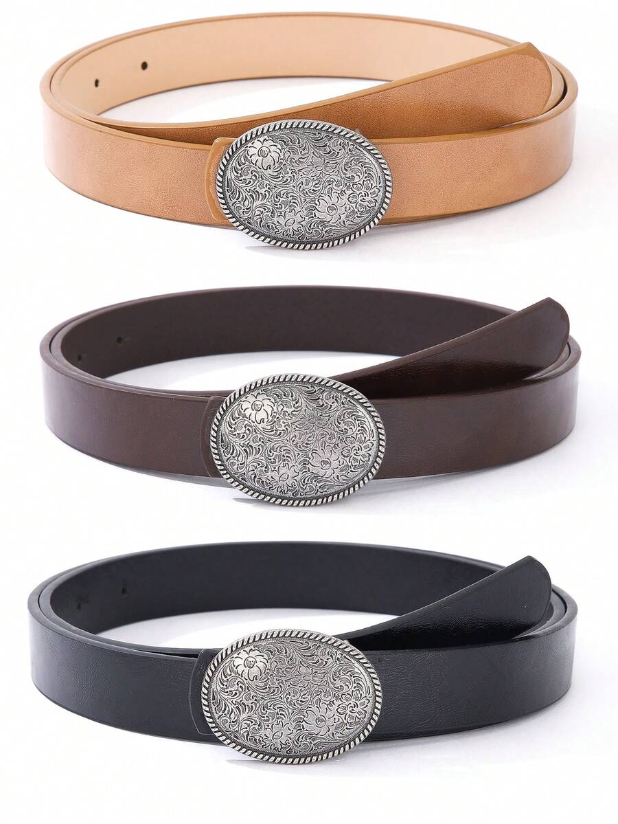 Vintage Cowboy Style Black Faux Leather Belt, Retro Engraved Silver Oval Buckle Adjustable Ladies Waistband - Carved Buckle Thin Leather Belt - View 1