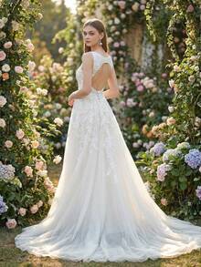 YOUKEFEIER New Elegant Deep V-Neck Lace Wedding Dress With Open Back A-Line Skirt, Slimming And Height-Enhancing Embroidered Long Bridal Gown - Beige - View 9