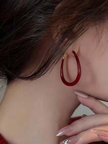 1對水滴形紅色滴釉素面大圓環耳環，粗管琺瑯滴釉大圓環耳環女款，Ins小眾高端時尚設計耳環 - 水滴紅色 - 查看 4