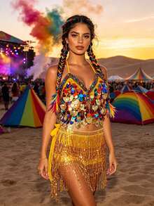 Áo hai dây crop top vỏ sò đính sequin nhiều màu kèm chân váy hông tua rua sequin, phù hợp cho lễ hội Carnival, lễ hội âm nhạc sa mạc và lễ hội EDM (có nhiều màu sắc) - Nhiều màu - Xem 19