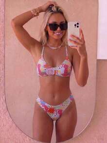 2pcs Women's Bikini Set, Light Pink With Pink Leopard Print Pattern, Spaghetti Strap Top And Triangle Bottoms, Summer Beach Swimwear Vacation - Pink - View 10