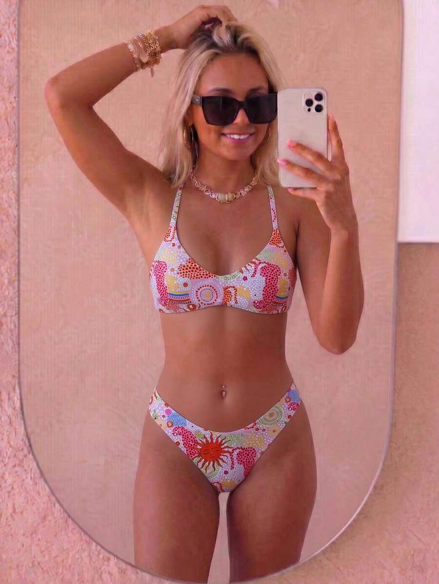 2pcs Women's Bikini Set, Light Pink With Pink Leopard Print Pattern, Spaghetti Strap Top And Triangle Bottoms, Summer Beach Swimwear Vacation - Pink - View 1