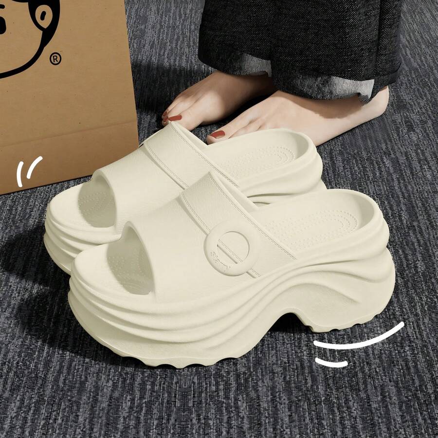 Sweet & Cool Style Slide Sandals, All-Season Women's Walking EVA Soft Thick Wavy Sole With Round Ring Decor - Off White - View 1