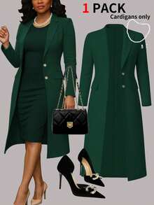 Plus Size Women's Elegant Solid Color Minimalist Versatile Long Cardigan, Black, Suitable For Spring, Summer And Autumn - Dark Green - View 7