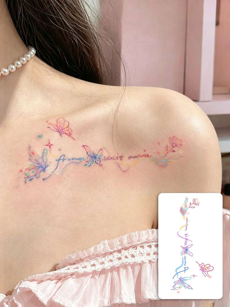 1 Pc Rainbow Watercolor Butterfly Script Lettering Temporary Tattoo, Waterproof Curved Collarbone Fake Tattoo, Romantic Floral Star Body Art For Shoulder & Clavicle - Multicolor - View 1