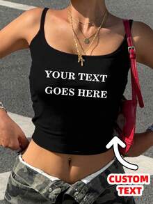 客製化女款細肩帶背心上衣，可添加您的文字與圖片（如標語和迷因），情人節禮物，休閒黑色 - 黑色 - 查看 3