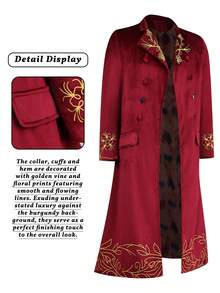 Long Coat, Vintage Gold Embroidered Double-Breasted Long Robe, Medieval Nobility Vampire Cosplay Costume, Halloween Stage Performance Outfit, Gothic Retro Windbreaker, Fashion Long Coat, Distinctive Long Jacket - Red - View 5