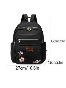 Tas Ransel Minimalis Wanita, Tas Bahu Vintage Bordir Huruf Bunga, Tas Ibu Klasik, Tas Ransel Pelajar - Hitam - View 5