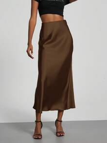 Elegant Textured Satin Midi Skirt That Flatters The Figure. - Coffee Brown - View 1