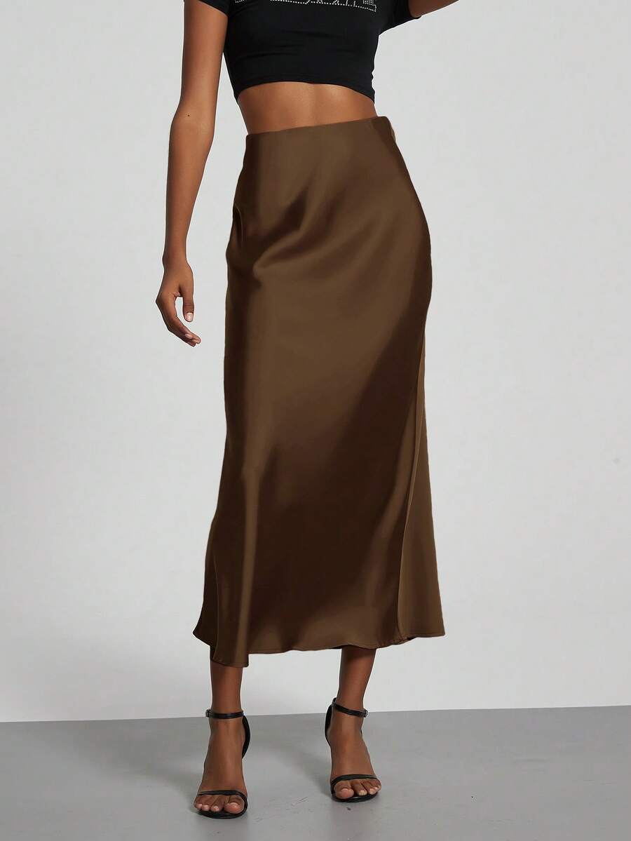 Elegant Textured Satin Midi Skirt That Flatters The Figure. - Coffee Brown - View 1