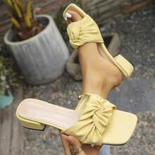 Women's Twisted Wide Strap Block Heel Chunky Heel Open Toe Slip-On Low Square Heel Ruched Leather Summer Vacation Beach Sandals - Yellow - View 1