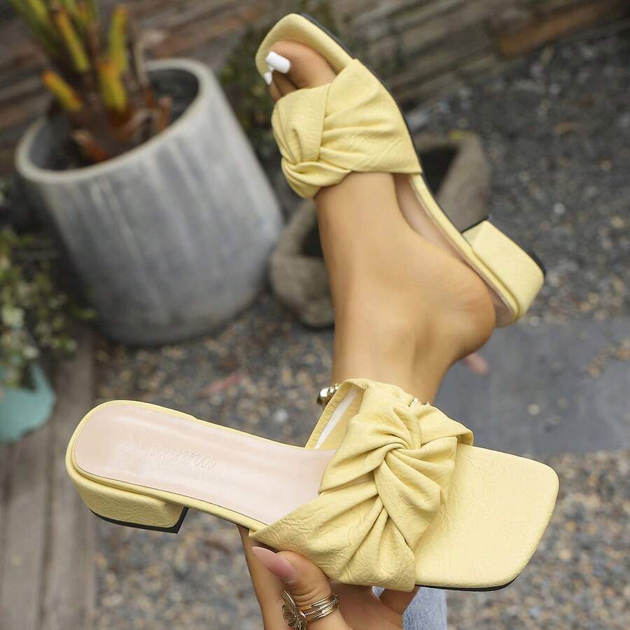 Women's Twisted Wide Strap Block Heel Chunky Heel Open Toe Slip-On Low Square Heel Ruched Leather Summer Vacation Beach Sandals - Yellow - View 1